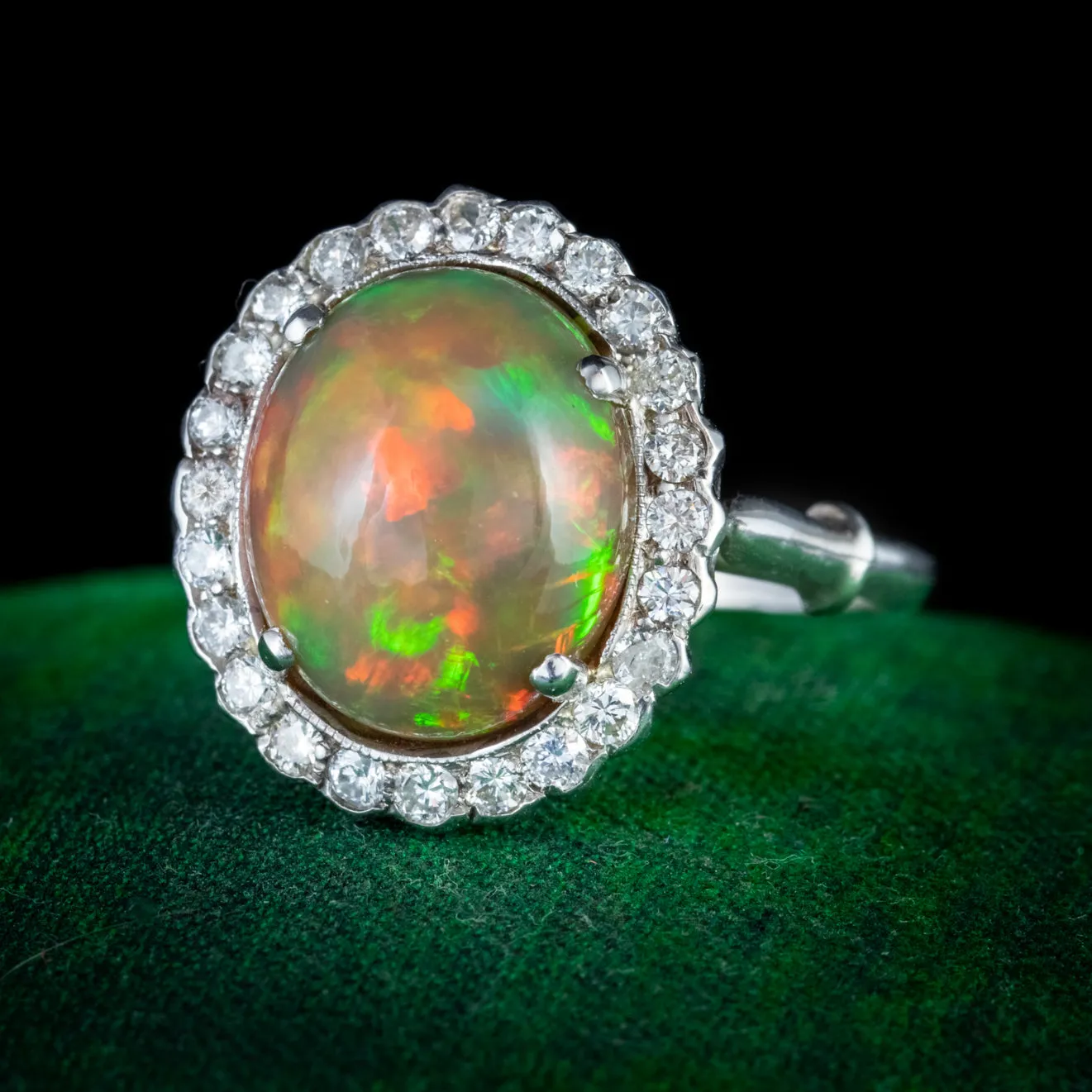 Antique Edwardian Opal Diamond Ring Platinum 6Ct Natural Opal Circa 1910