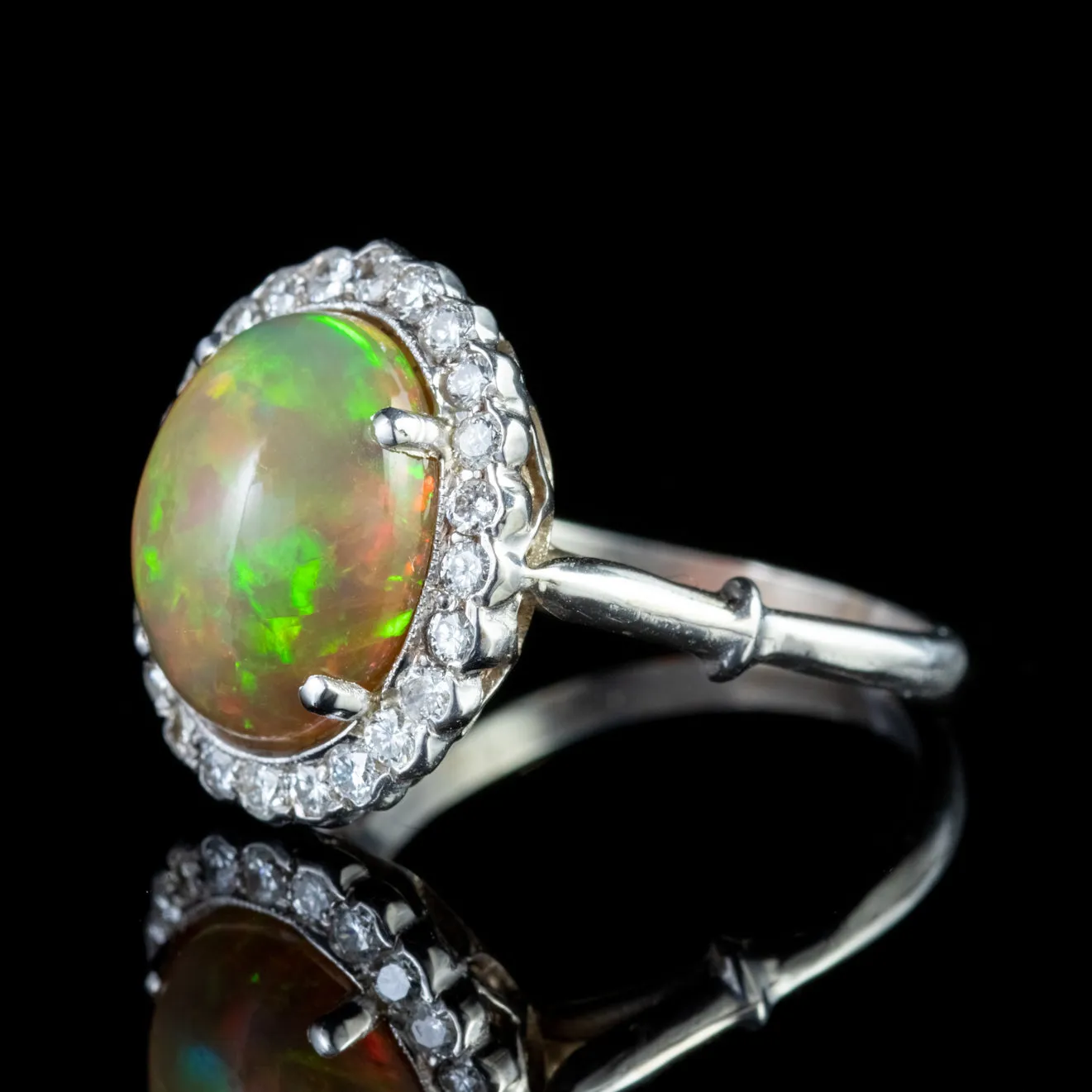 Antique Edwardian Opal Diamond Ring Platinum 6Ct Natural Opal Circa 1910