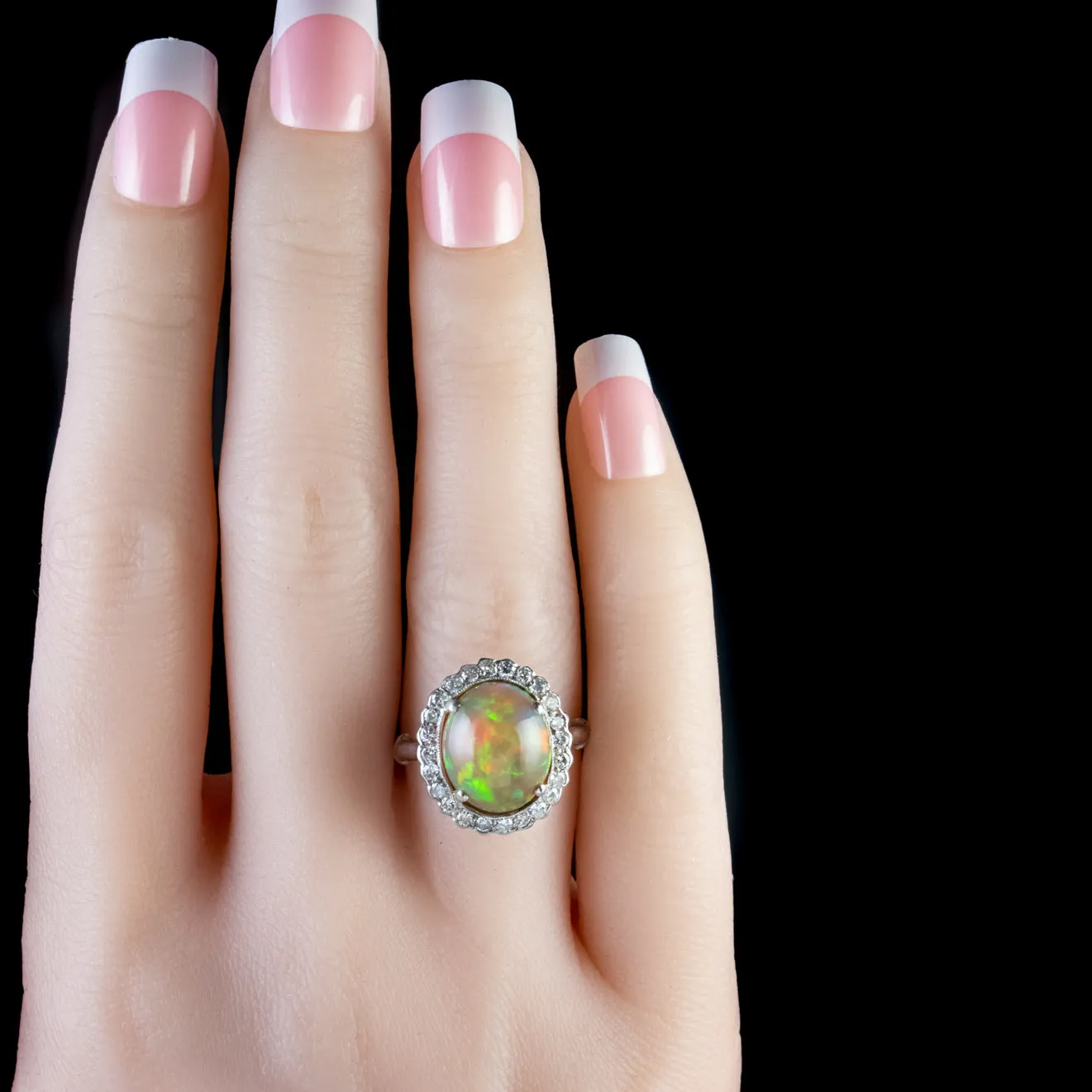 Antique Edwardian Opal Diamond Ring Platinum 6Ct Natural Opal Circa 1910