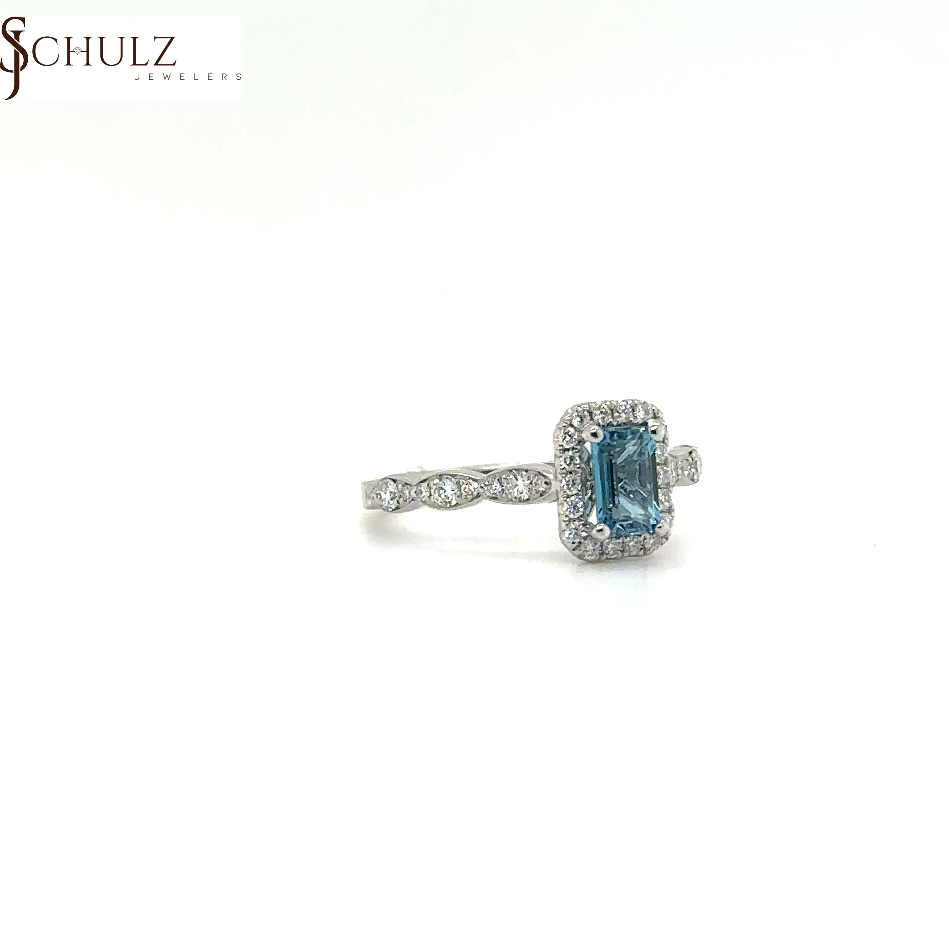 Aquamarine & Diamond Halo White Gold Ring