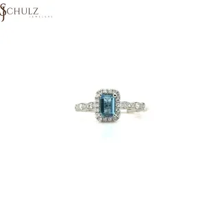 Aquamarine & Diamond Halo White Gold Ring