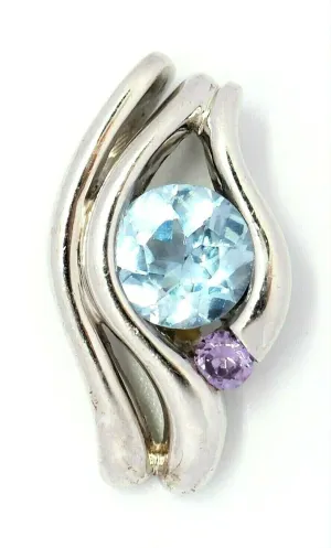 Aquamarine & Purple Rhinestone 925 Sterling Silver Pendant