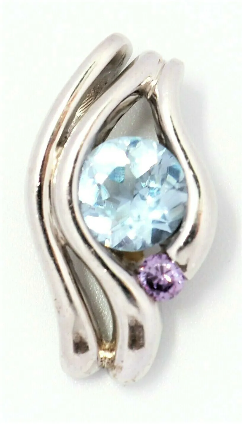 Aquamarine & Purple Rhinestone 925 Sterling Silver Pendant