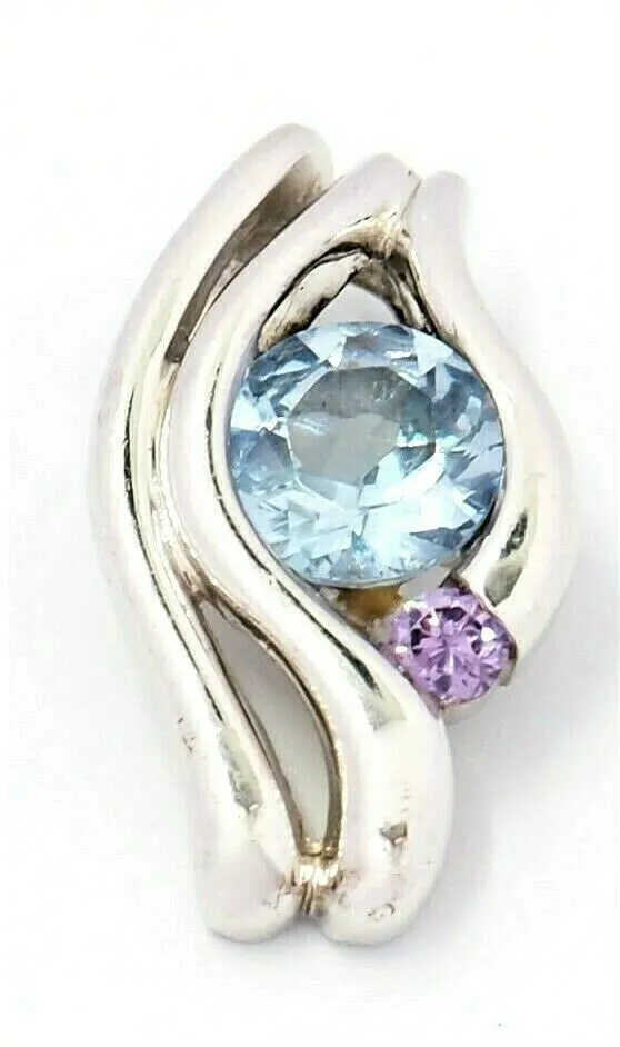 Aquamarine & Purple Rhinestone 925 Sterling Silver Pendant