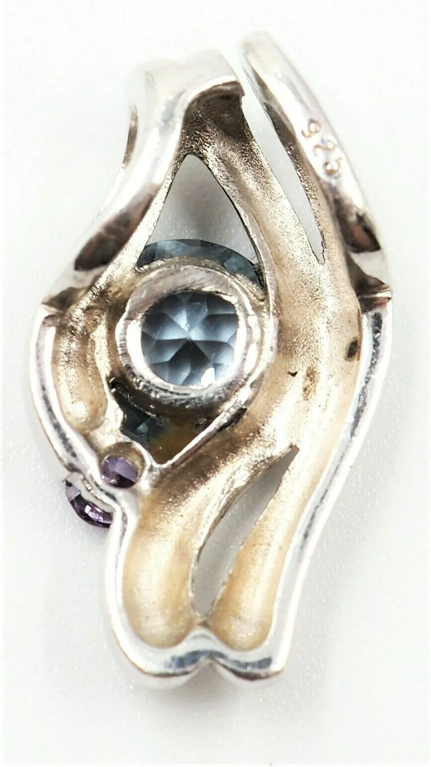 Aquamarine & Purple Rhinestone 925 Sterling Silver Pendant