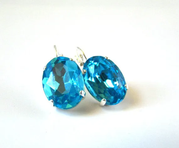 Aquamarine Blue Crystal Earrings - Large Oval