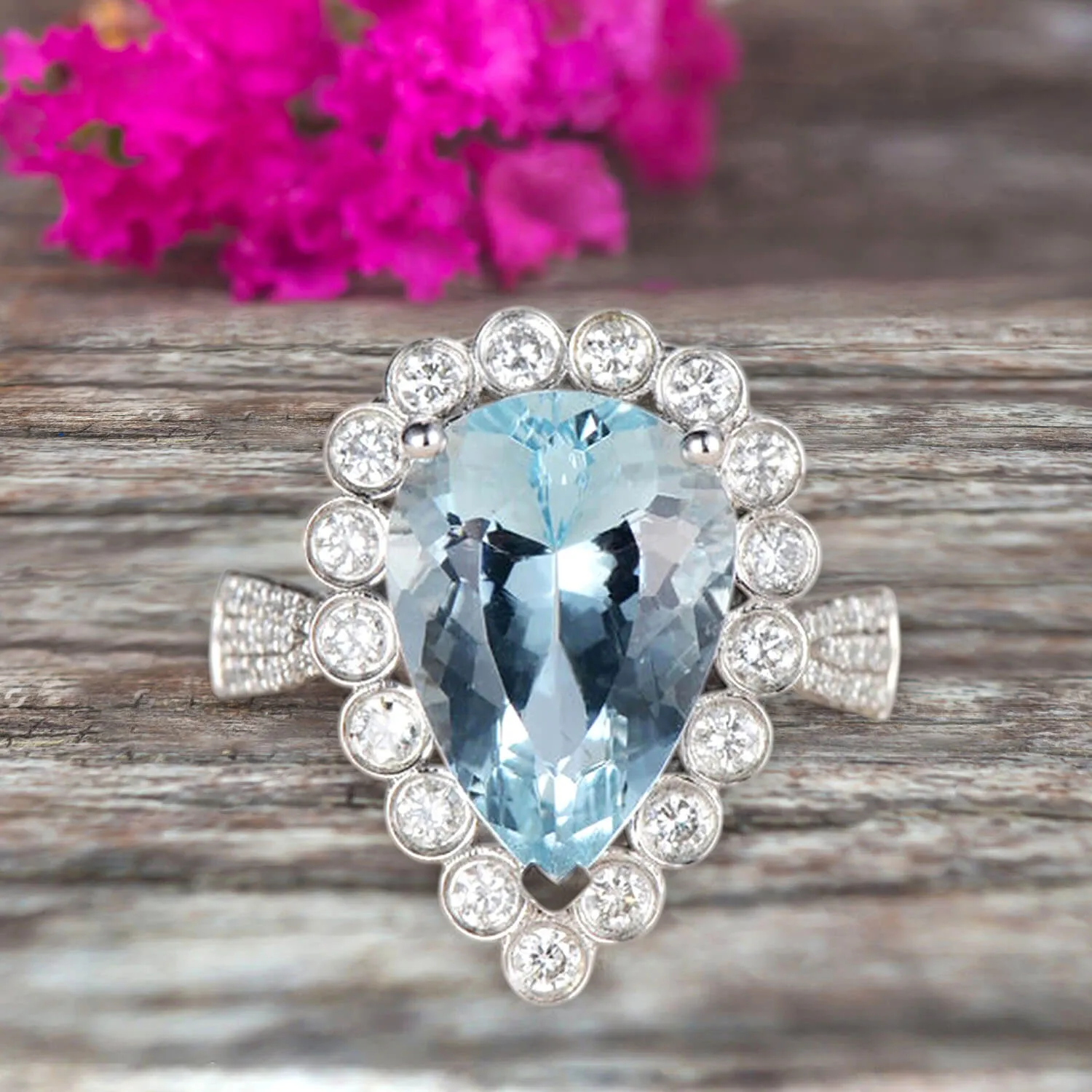 Aquamarine Engagement Ring Wedding Pear Shaped 1.50 Carat Unique Halo Design 10k White Gold Anniversary Gift