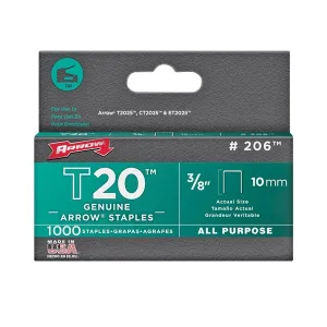 Arrow T20 Series 206 Flat Crown Staple, 5/16 in W Crown, 3/8 in L Leg