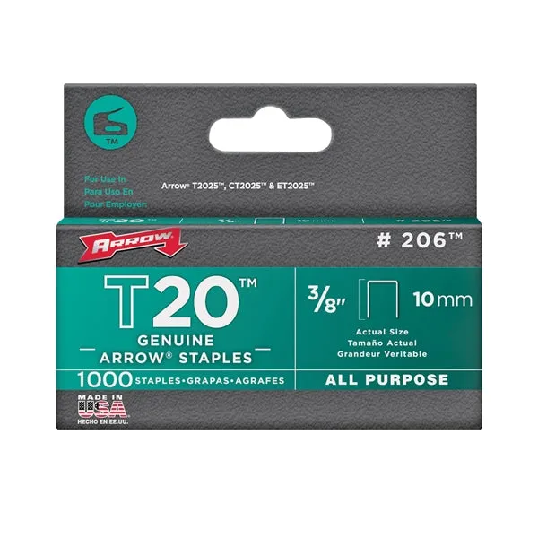 Arrow T20 Series 206 Flat Crown Staple, 5/16 in W Crown, 3/8 in L Leg