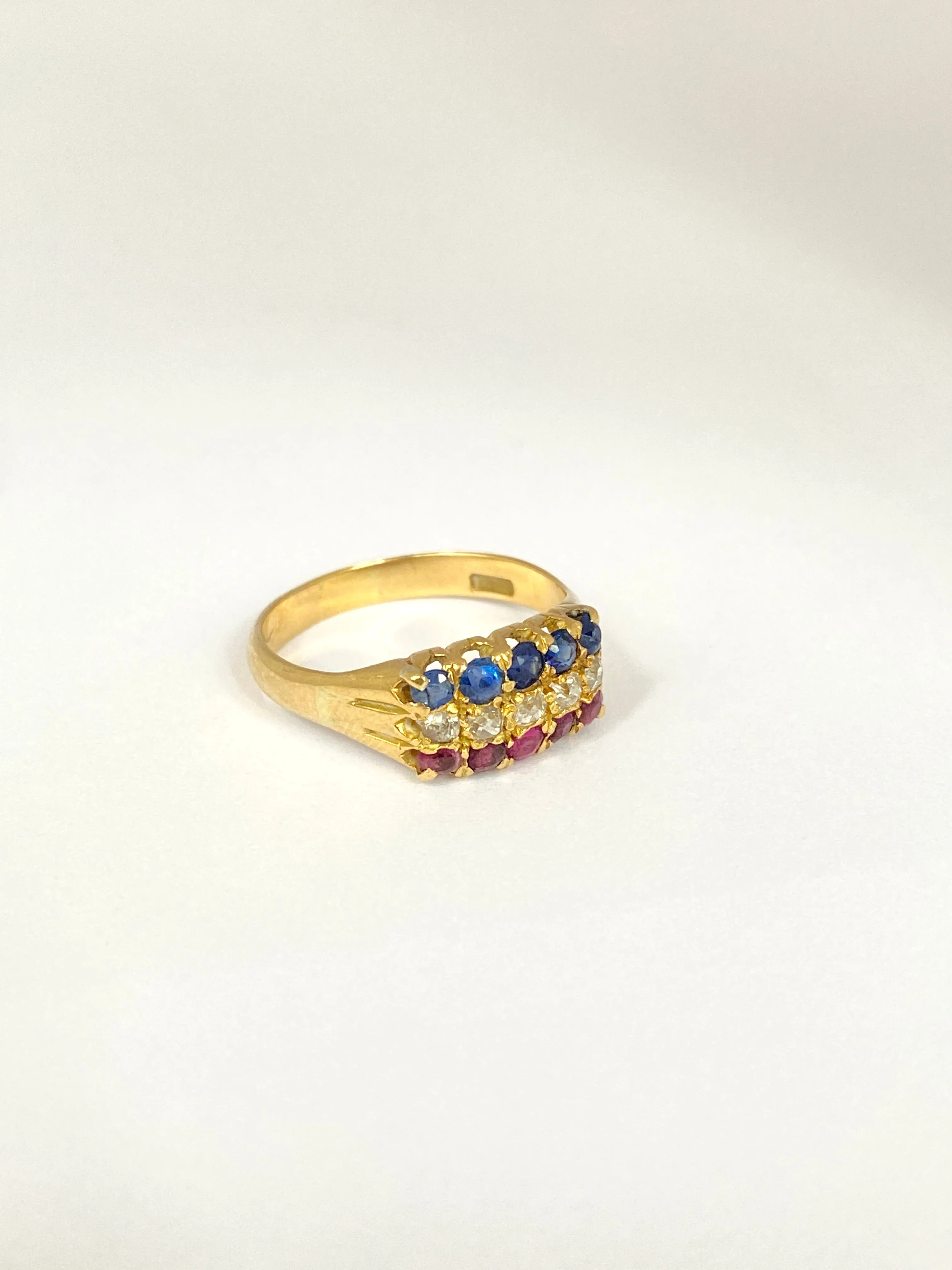 Art Deco, 18ct Gold Ruby, Sapphire and Diamond Triple Tricolour Ring, Hallmarked 18ct Gold