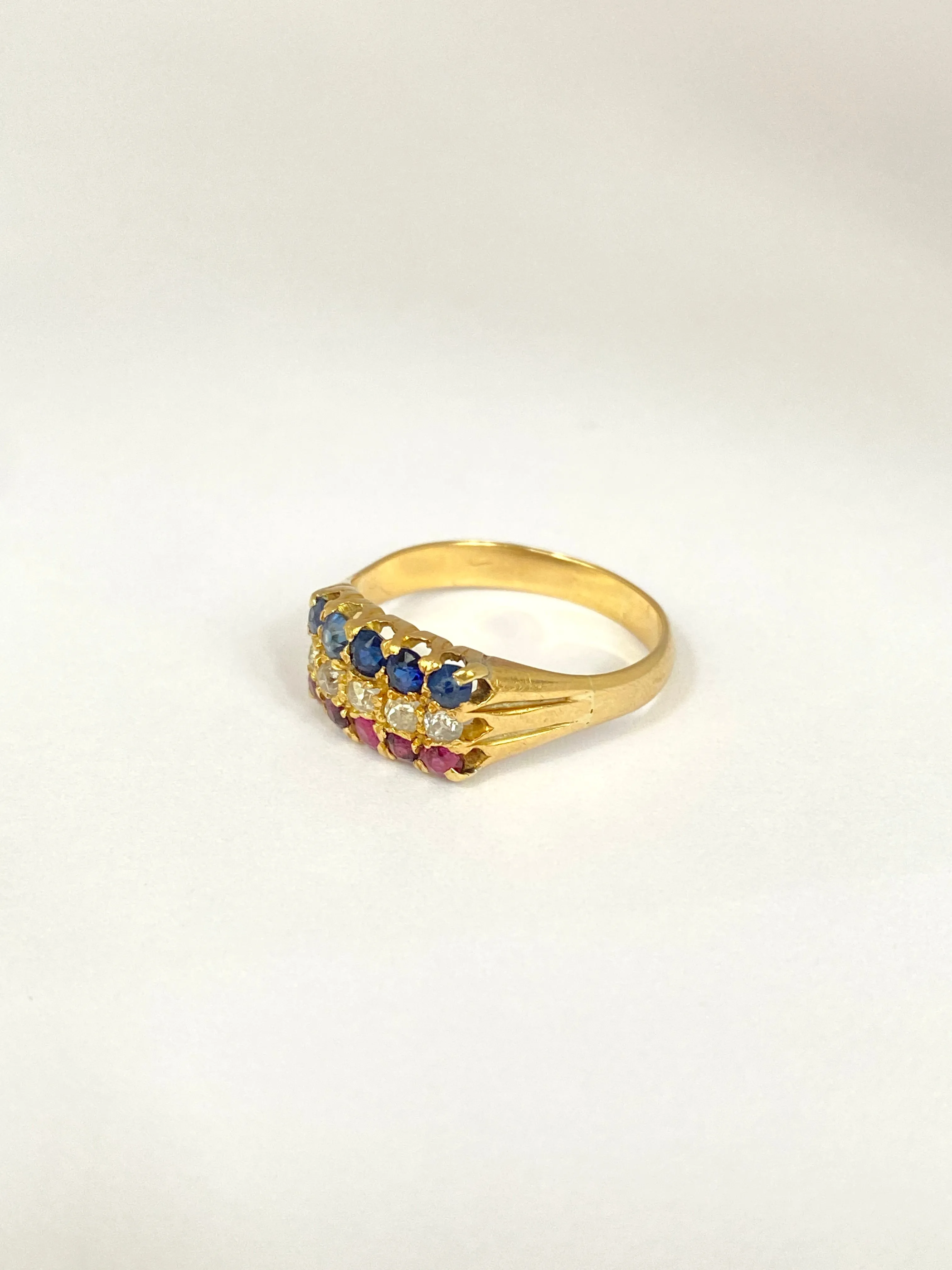 Art Deco, 18ct Gold Ruby, Sapphire and Diamond Triple Tricolour Ring, Hallmarked 18ct Gold