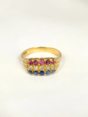 Art Deco, 18ct Gold Ruby, Sapphire and Diamond Triple Tricolour Ring, Hallmarked 18ct Gold