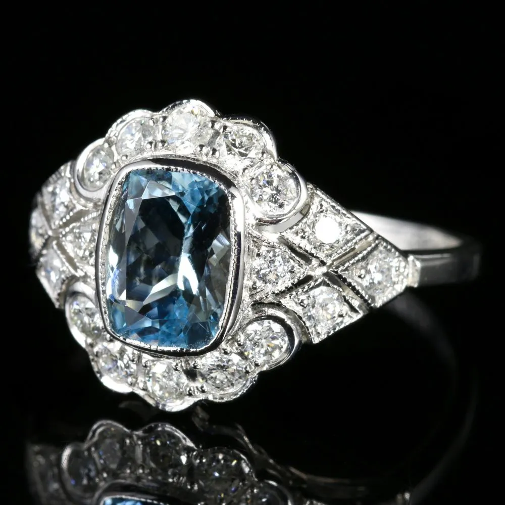 Art Deco Style Aquamarine Diamond Cluster Ring 1.60ct Aqua