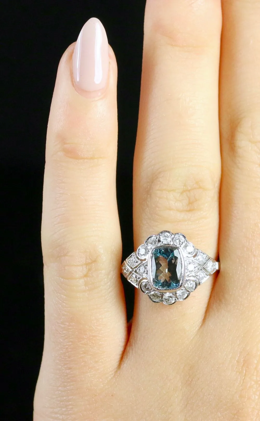 Art Deco Style Aquamarine Diamond Cluster Ring 1.60ct Aqua