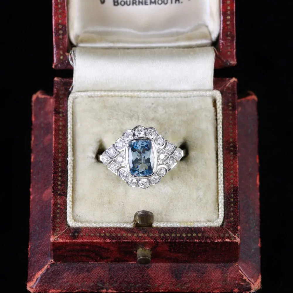 Art Deco Style Aquamarine Diamond Cluster Ring 1.60ct Aqua