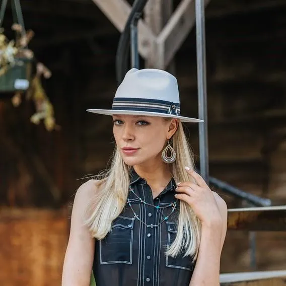 Austral White Straw Panama Hat - The Hali with Stripe Ribbon Band