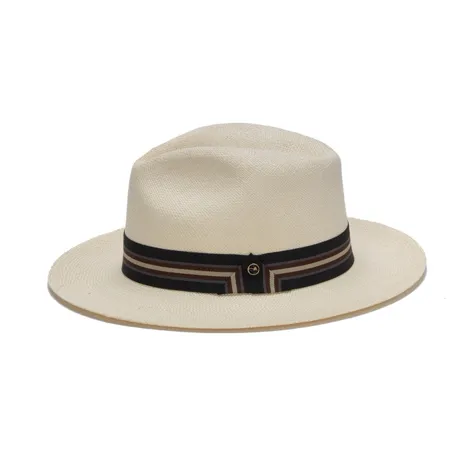 Austral White Straw Panama Hat - The Hali with Stripe Ribbon Band