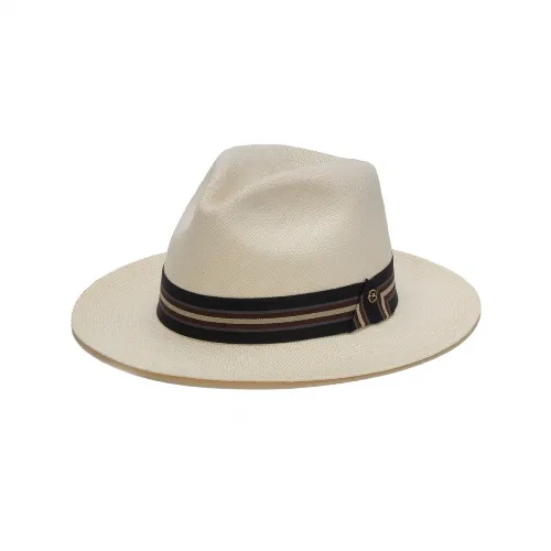 Austral White Straw Panama Hat - The Hali with Stripe Ribbon Band