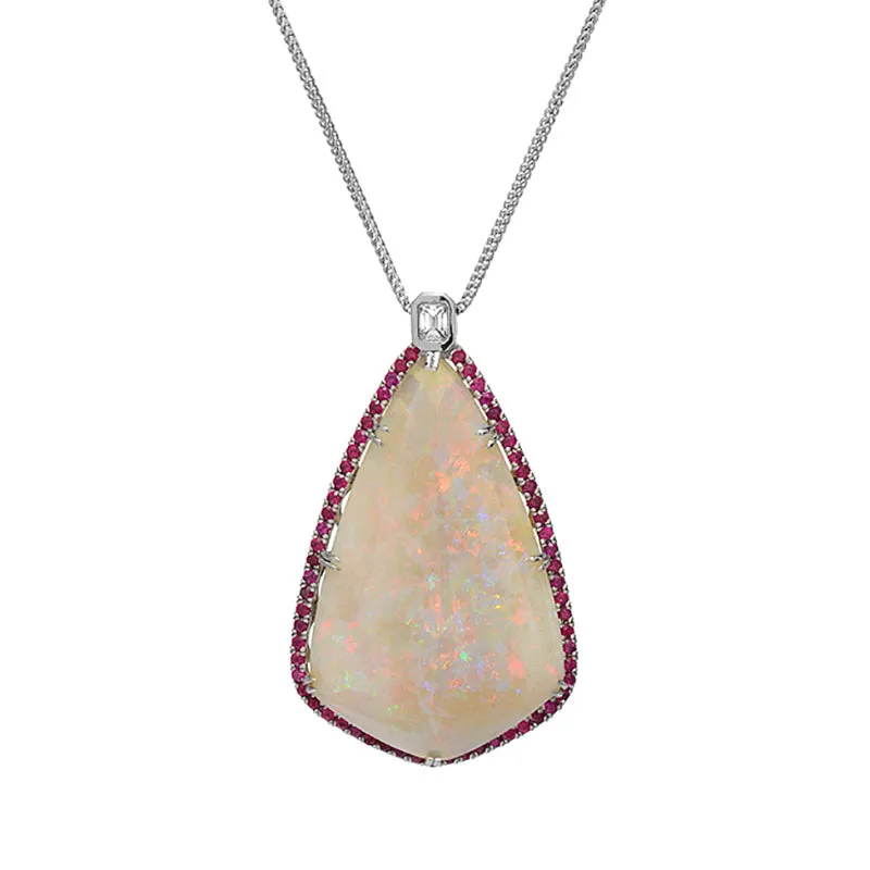 Australian Opal Ruby Diamond Platinum Pendant, GIA