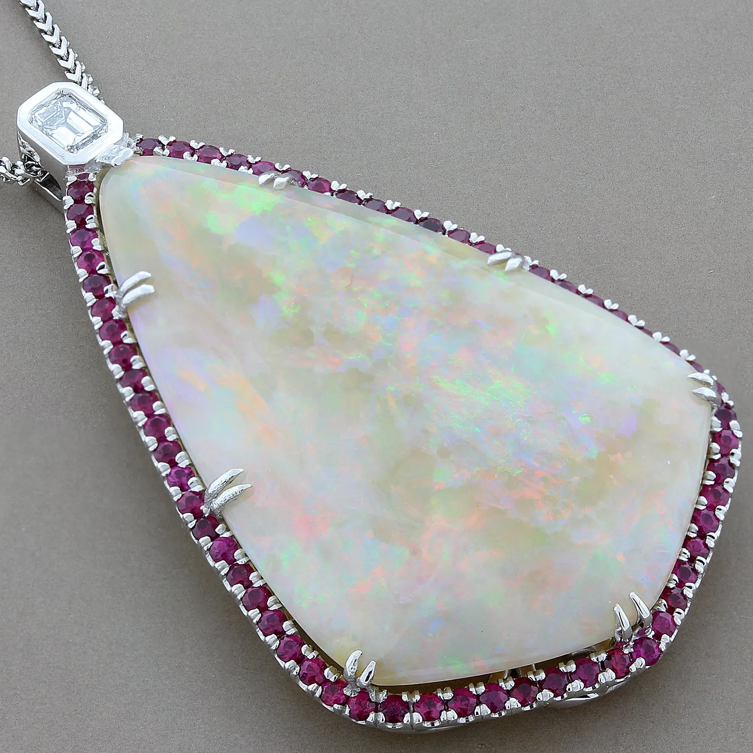 Australian Opal Ruby Diamond Platinum Pendant, GIA