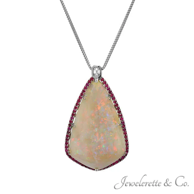 Australian Opal Ruby Diamond Platinum Pendant, GIA