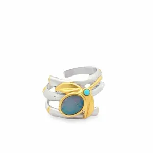 Baikalla Antique Natural Opal and Turquoise Sterling Silver Gold Plated Two Tone Ring