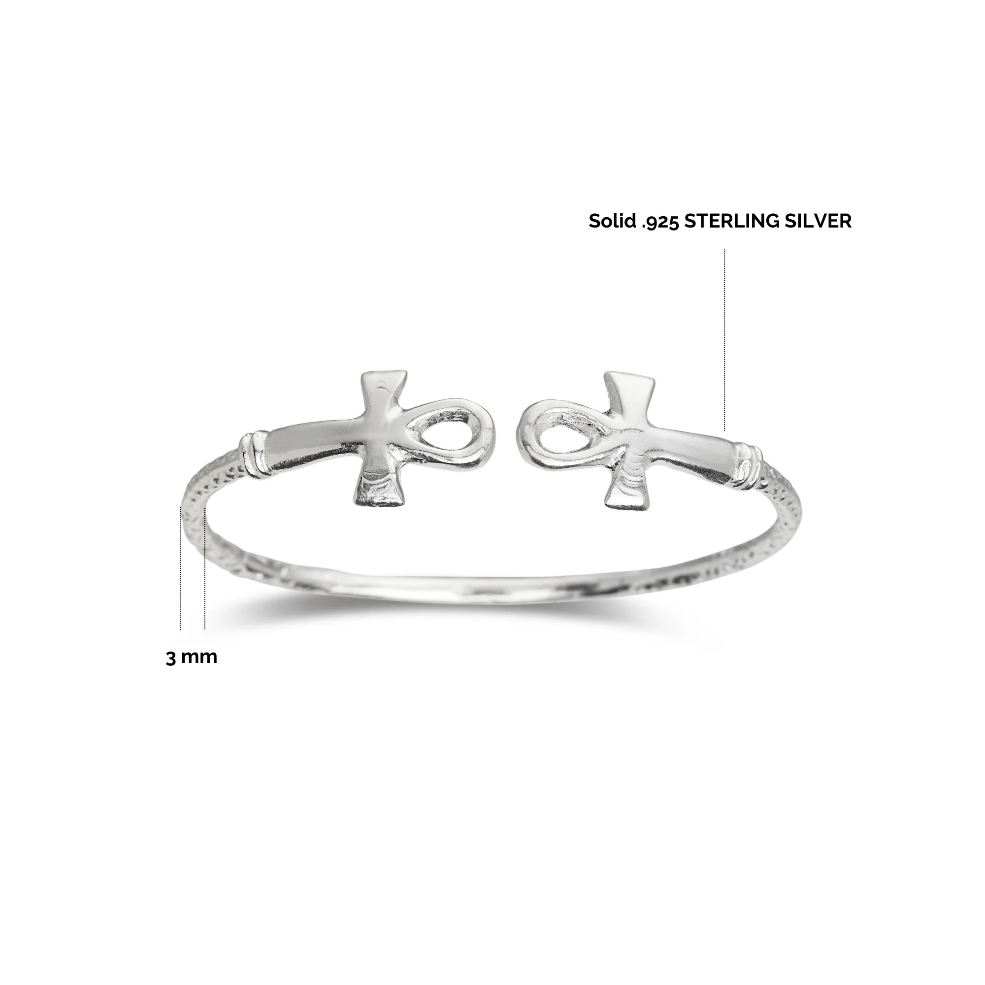 Better Jewelry Solid .925 West Indian Silver Bangle with Ankh Cross Ends, 1 piece