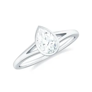 Bezel Set Pear Moissanite Solitaire Promise Ring in Split Shank