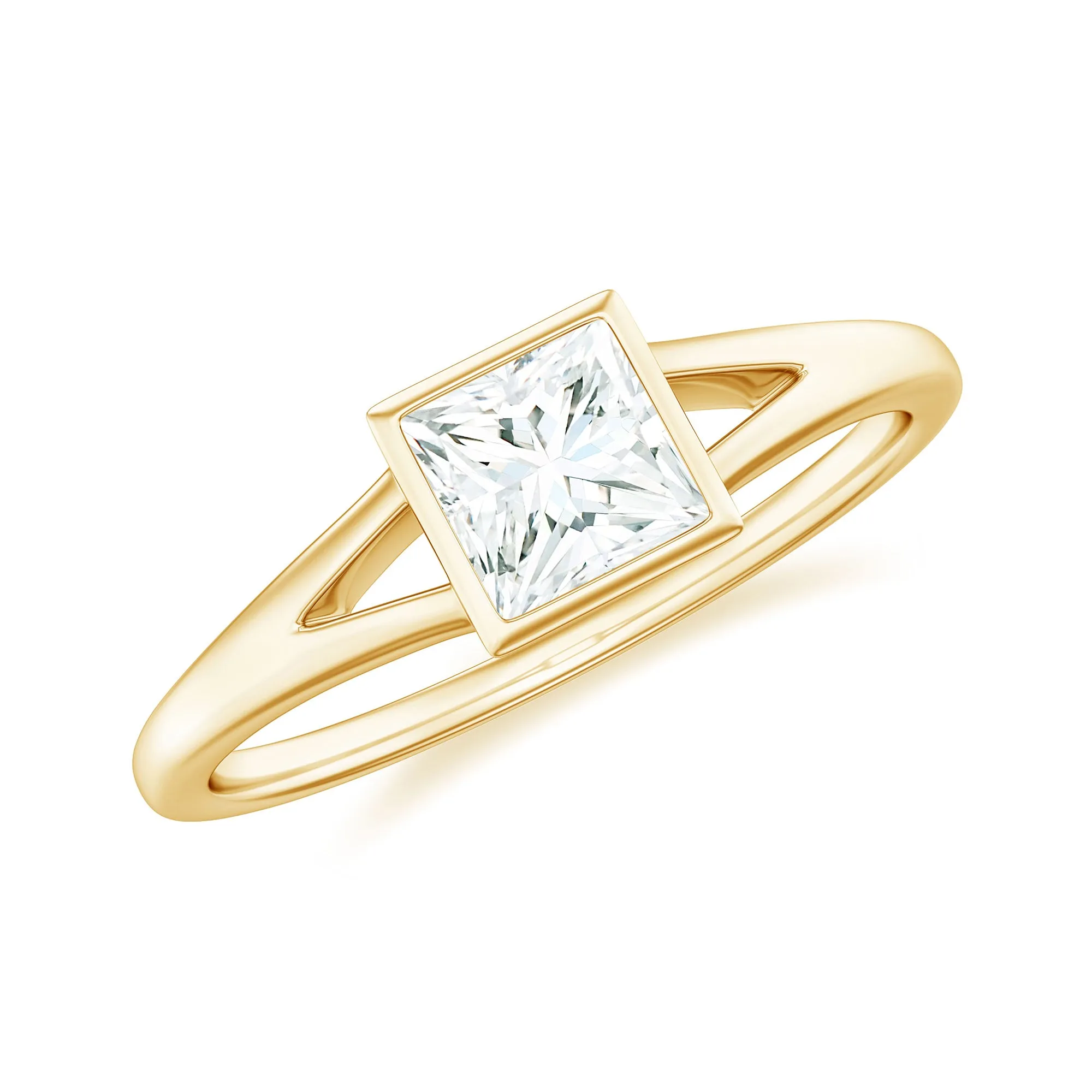 Bezel Set Princess Cut Moissanite Solitaire Promise Ring in Split Shank