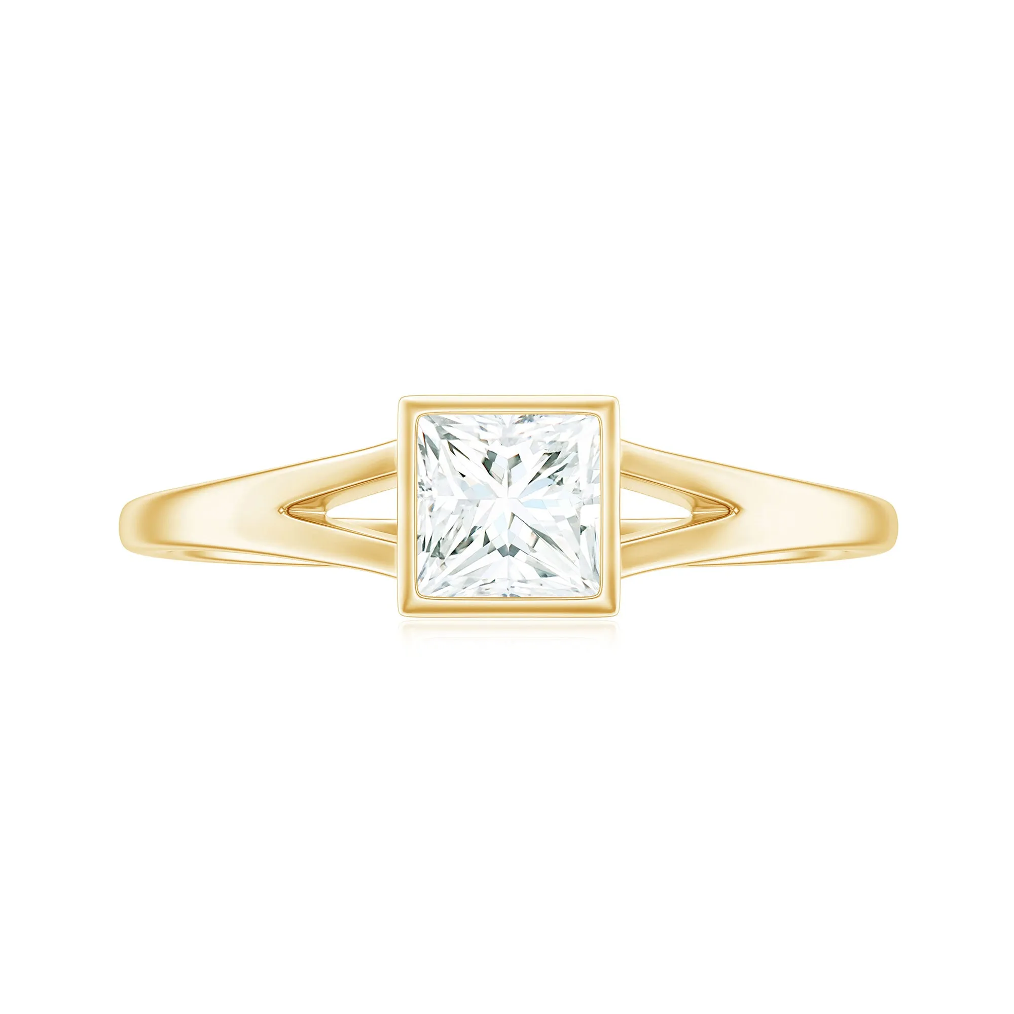 Bezel Set Princess Cut Moissanite Solitaire Promise Ring in Split Shank