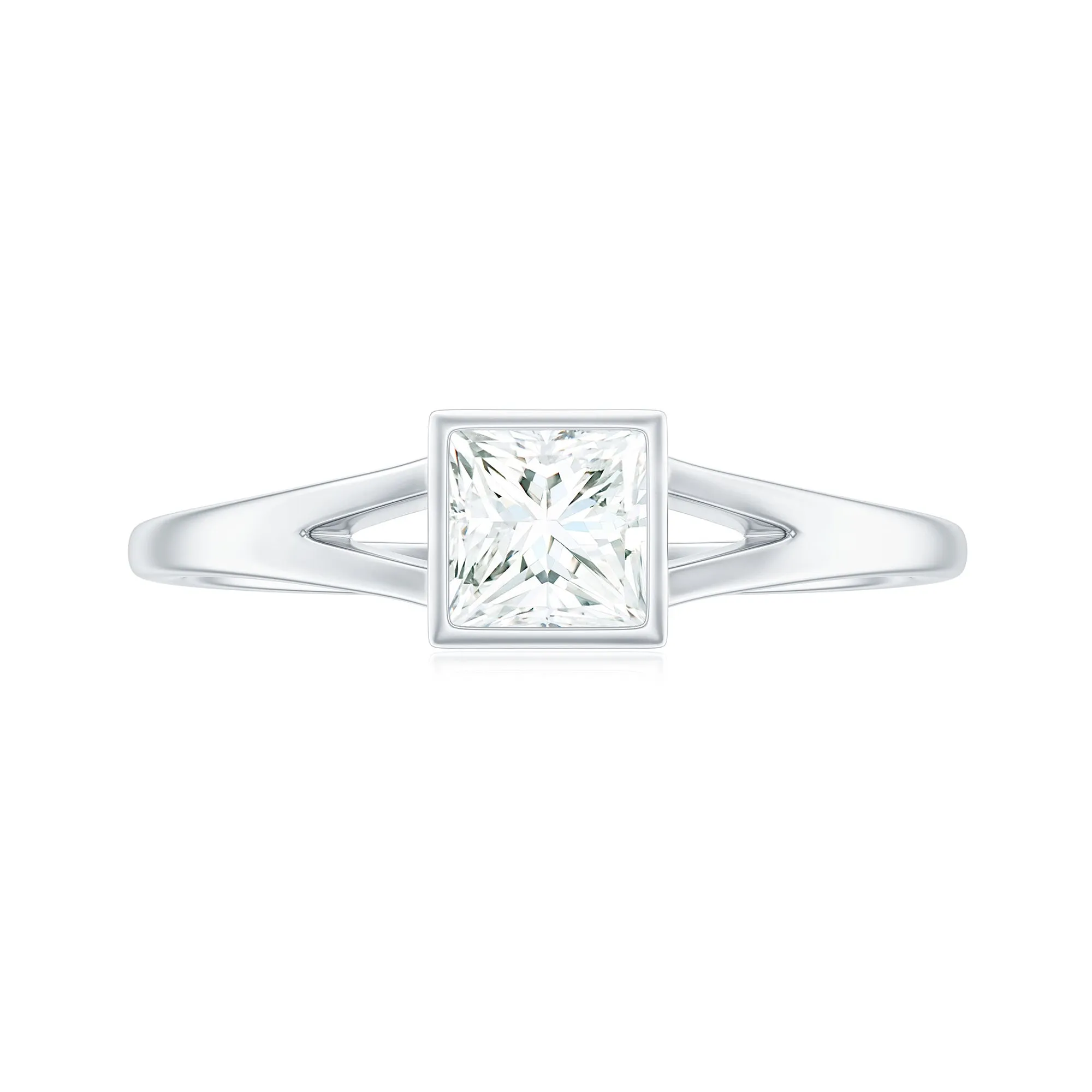 Bezel Set Princess Cut Moissanite Solitaire Promise Ring in Split Shank