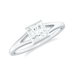 Bezel Set Princess Cut Moissanite Solitaire Promise Ring in Split Shank