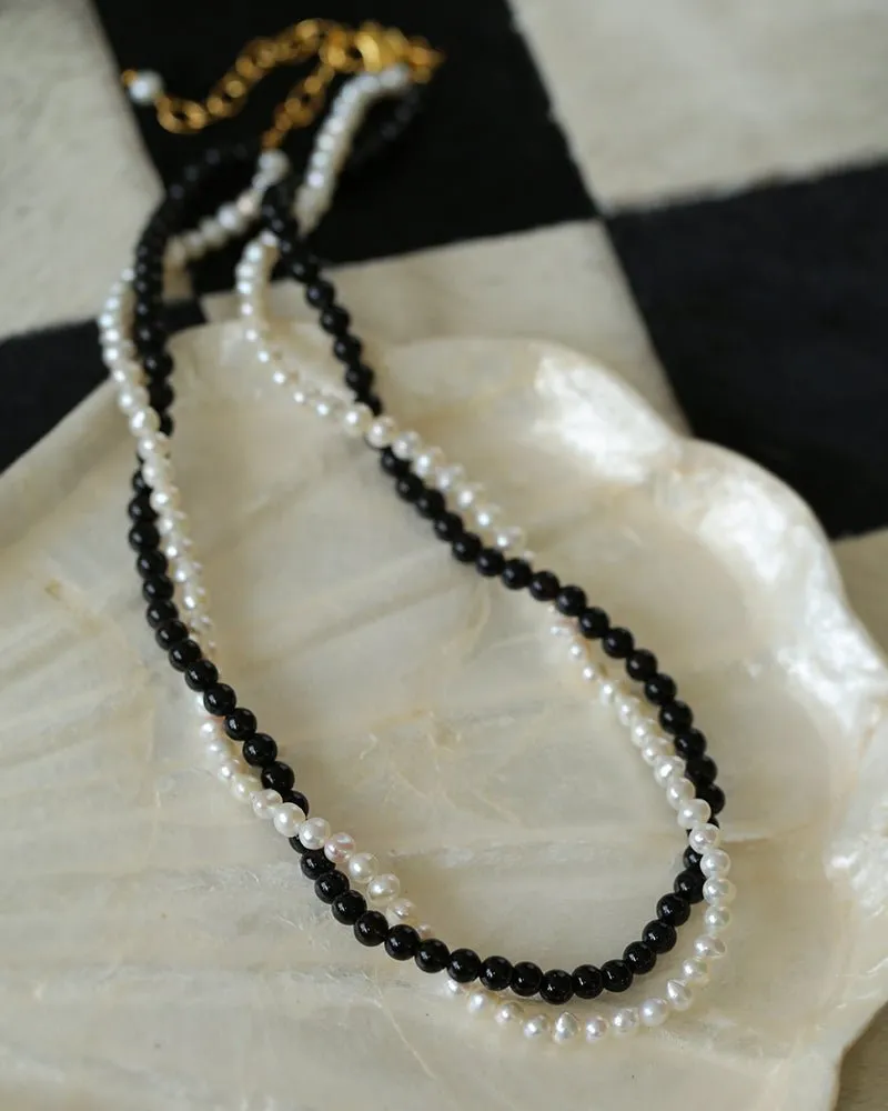 Black Agate Natural Pearl Double Layer Necklace