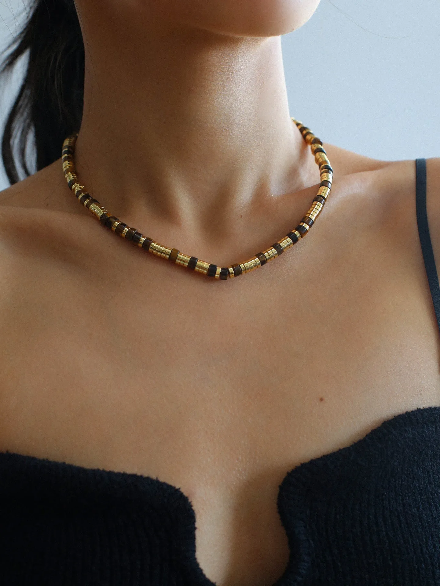 Black Agate Tiger Eye Mother of Pearls Vintage Disc Beaded Necklace