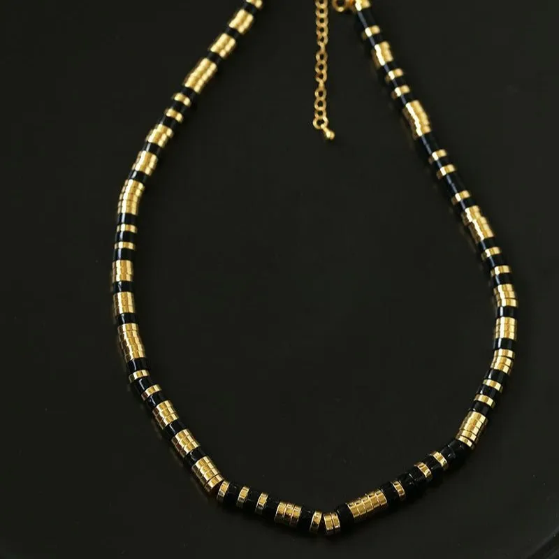 Black Agate Tiger Eye Mother of Pearls Vintage Disc Beaded Necklace