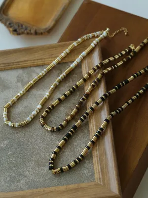 Black Agate Tiger Eye Mother of Pearls Vintage Disc Beaded Necklace