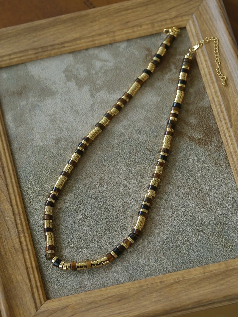 Black Agate Tiger Eye Mother of Pearls Vintage Disc Beaded Necklace