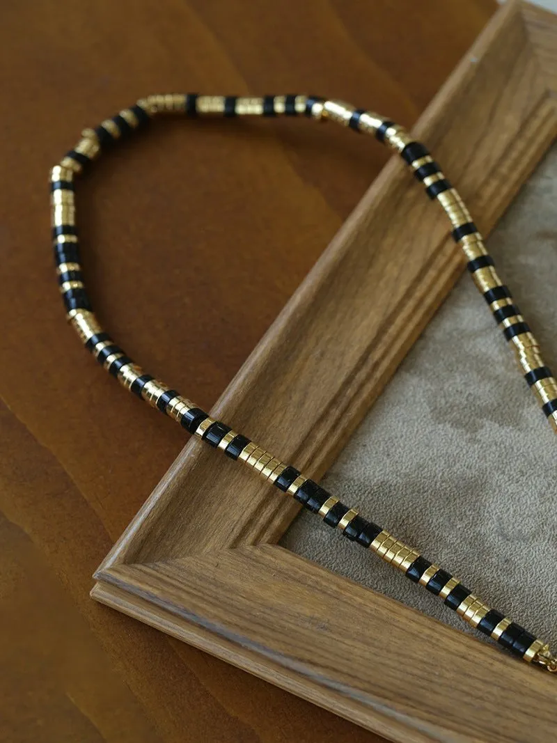 Black Agate Tiger Eye Mother of Pearls Vintage Disc Beaded Necklace