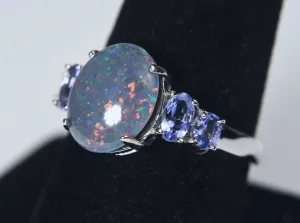 Blue Opal Triplet and Tanzanite Sterling Silver Ring - Size 8.75