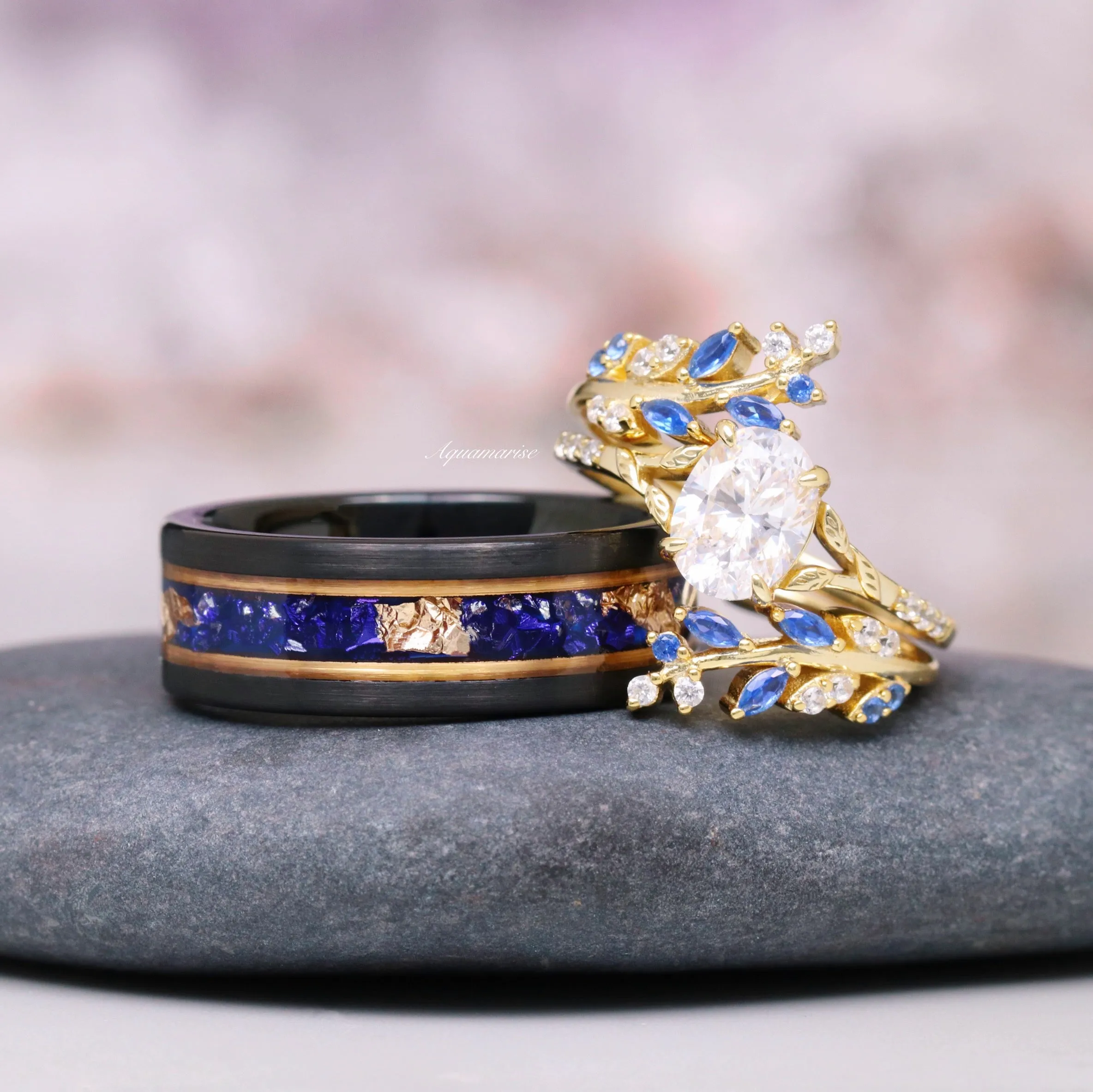 Blue Sapphire & Gold Leaf Wedding Band- 8mm Black Tungsten