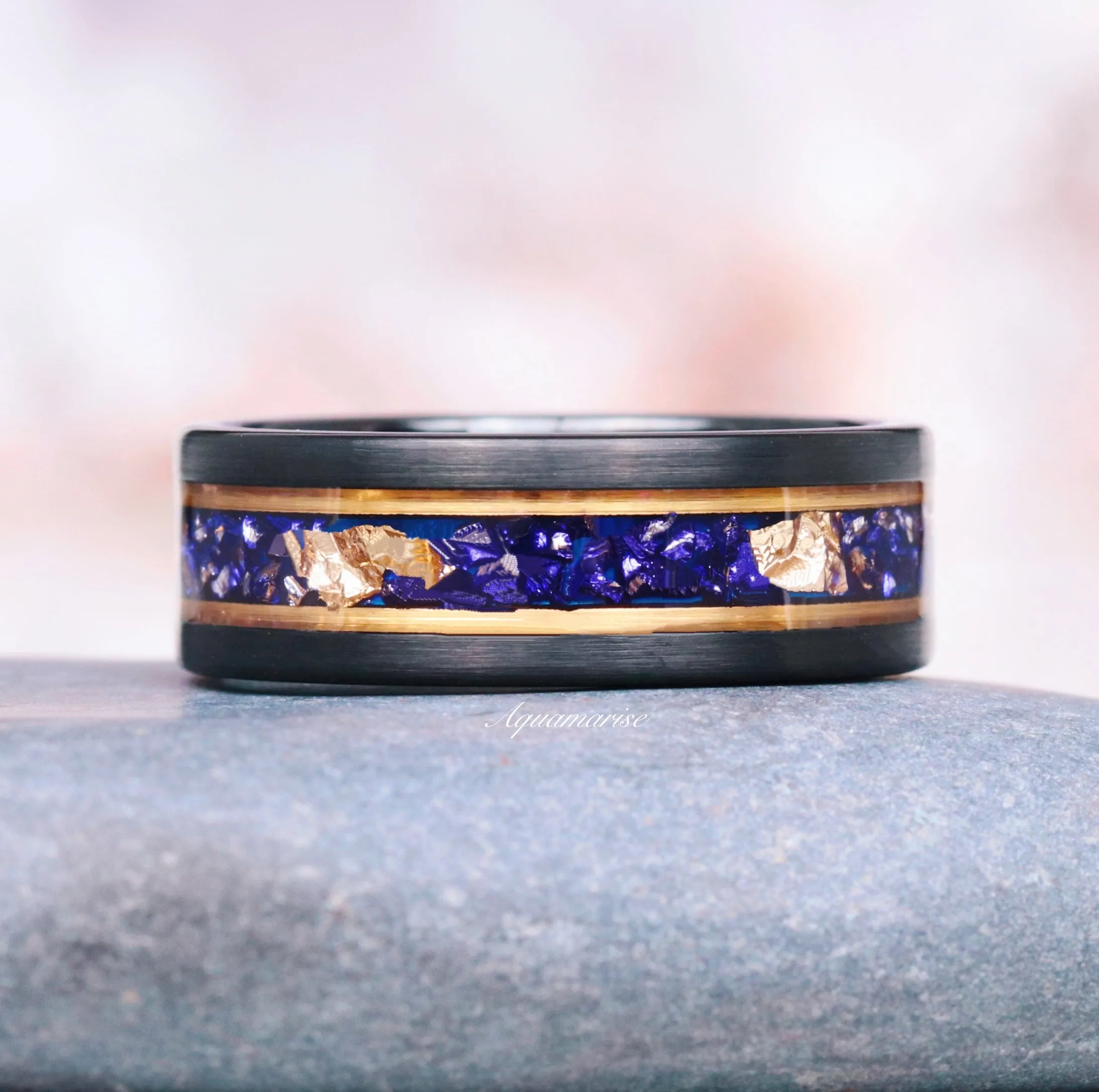 Blue Sapphire & Gold Leaf Wedding Band- 8mm Black Tungsten