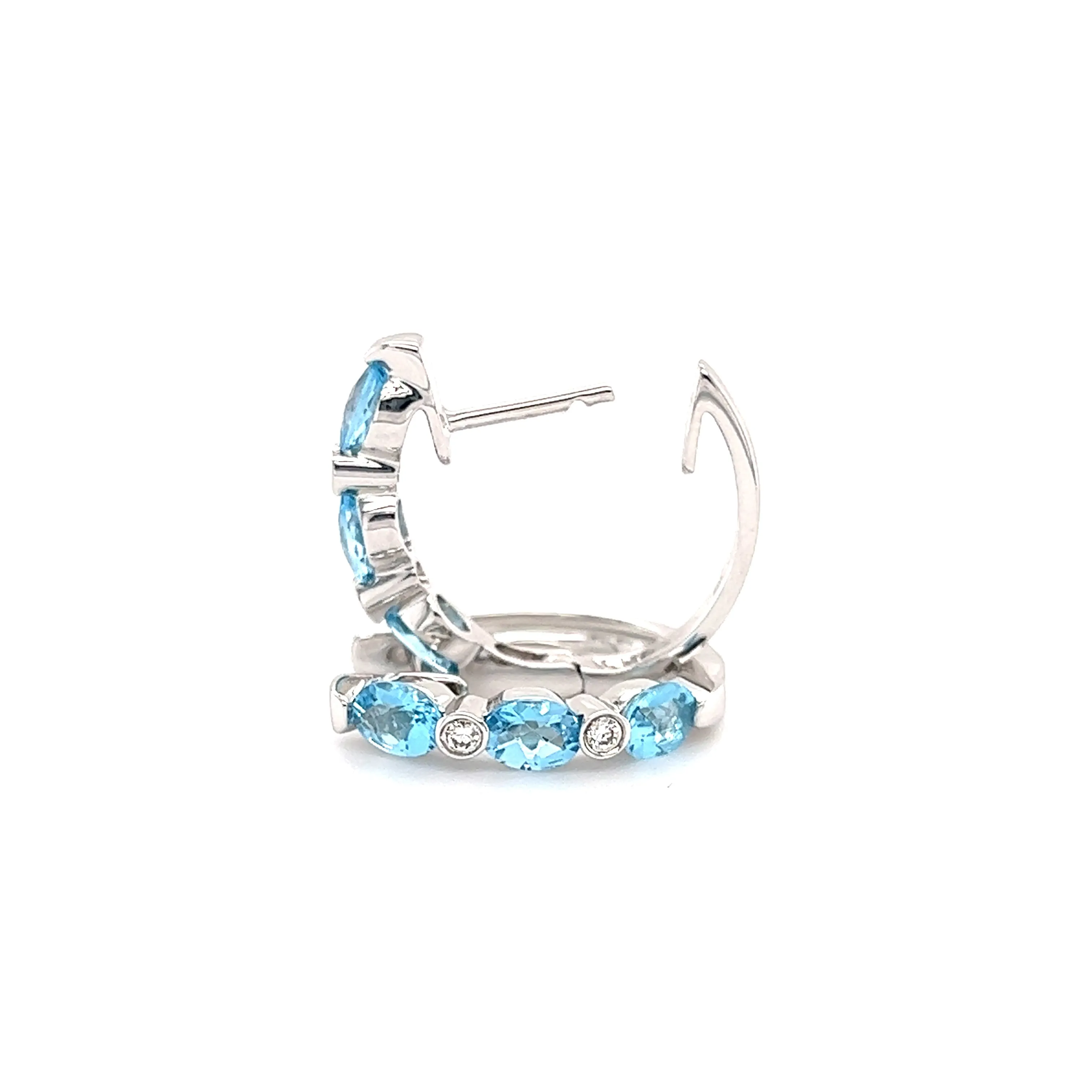 Blue Topaz Hoop Earrings with Four Diamonds in 14K White Gold