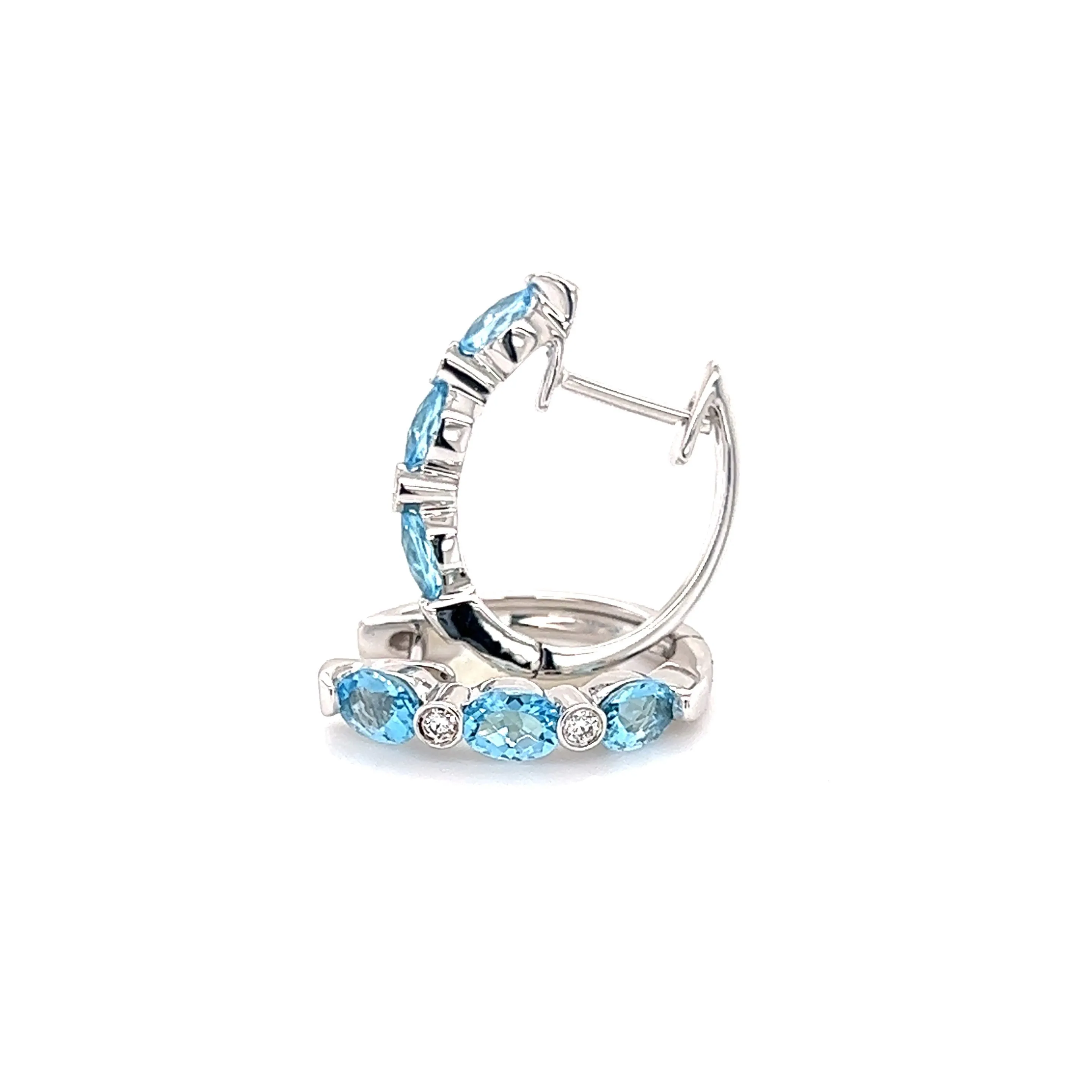 Blue Topaz Hoop Earrings with Four Diamonds in 14K White Gold