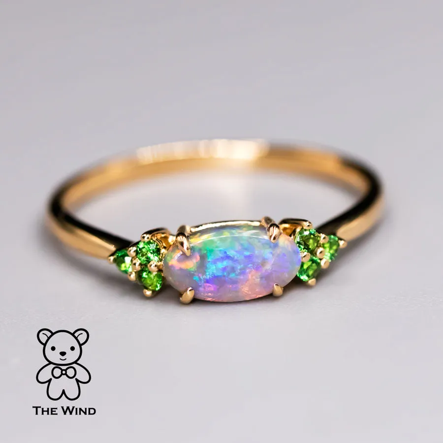 Bright Australian Semi-Black Opal and Tsavorite Garnet Engagement Wedding Ring