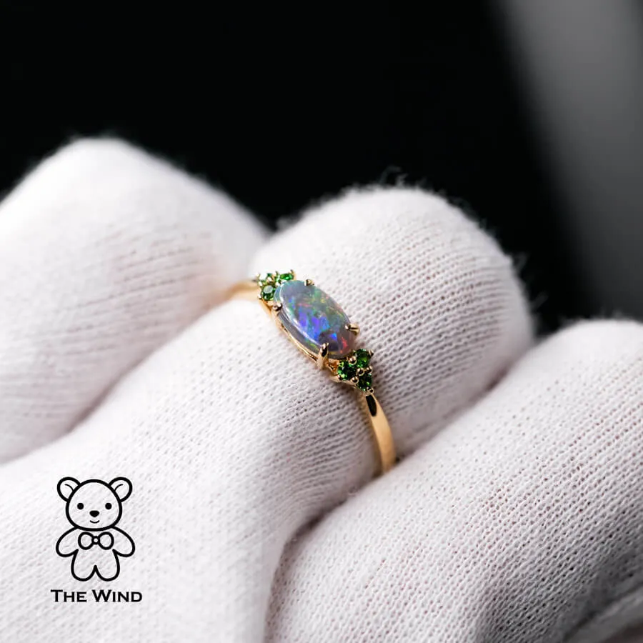 Bright Australian Semi-Black Opal and Tsavorite Garnet Engagement Wedding Ring