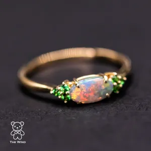 Bright Australian Semi-Black Opal and Tsavorite Garnet Engagement Wedding Ring