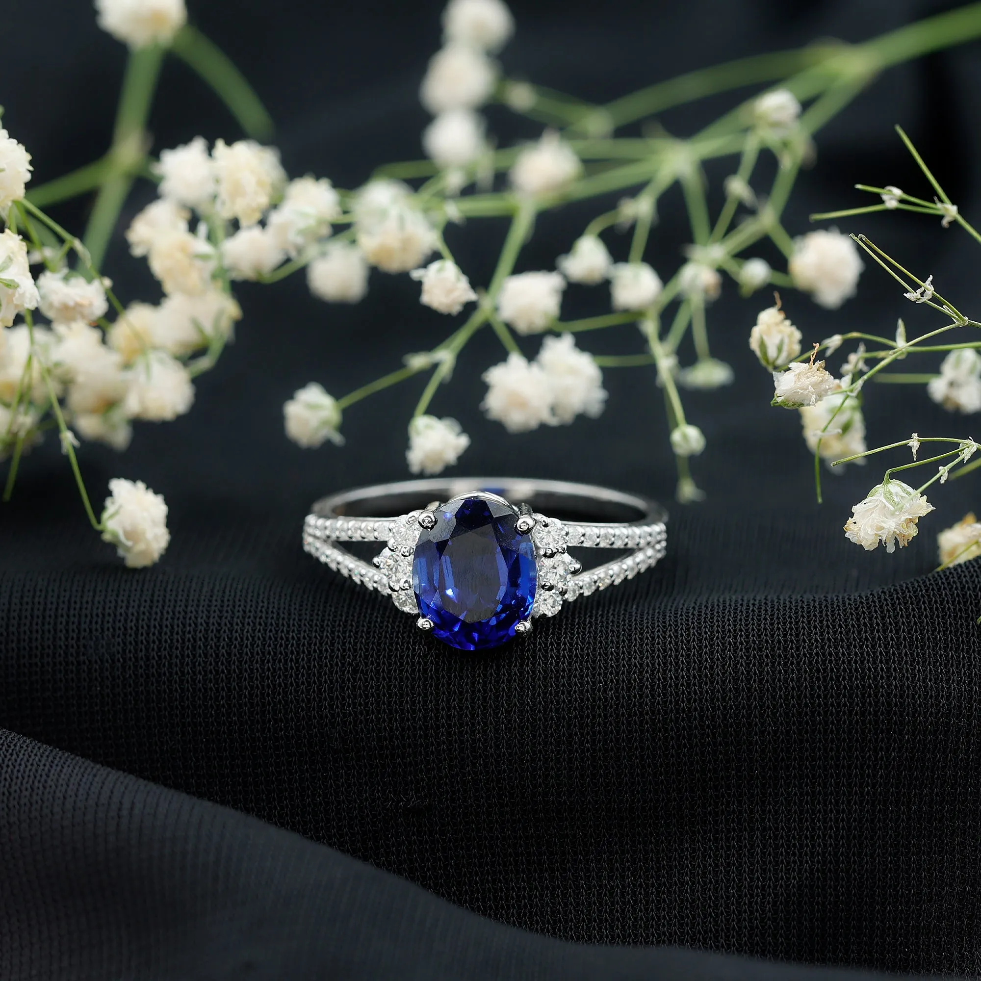 Certified Lab Grown Blue Sapphire Oval Engagement Ring With Moissanite