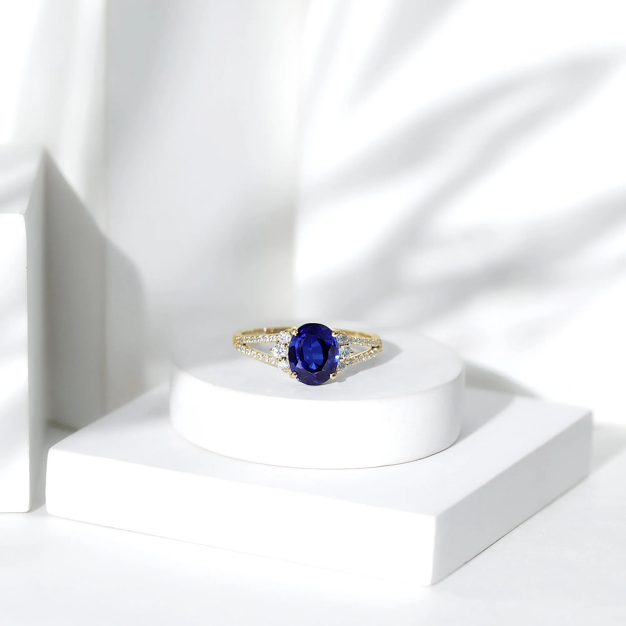 Certified Lab Grown Blue Sapphire Oval Engagement Ring With Moissanite