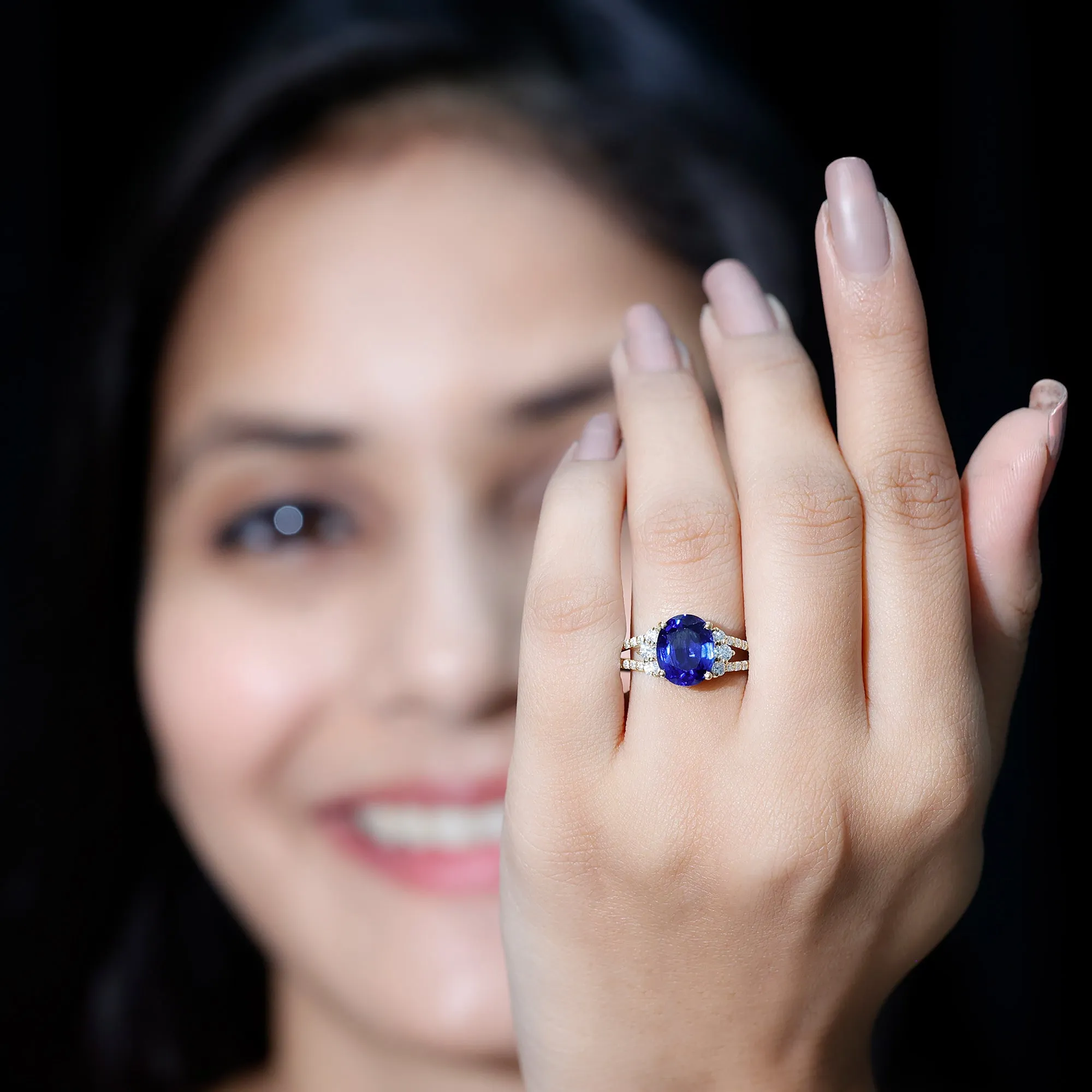 Certified Lab Grown Blue Sapphire Oval Engagement Ring With Moissanite