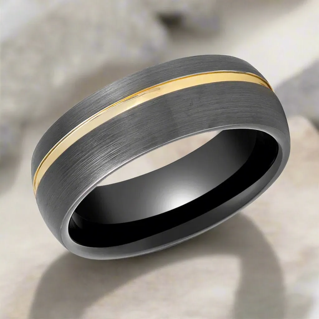 CHARGOLD | Gun Metal Tungsten Ring, Offset Gold Groove, Domed